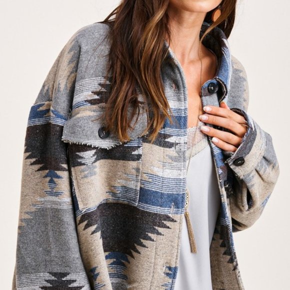 SANTA FE Teal Distressed Aztec Button Down Jacket - Picture 7 of 10